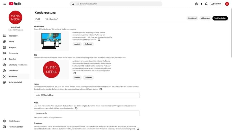 Screenshot YouTube-Marketing: Kanalanpassung