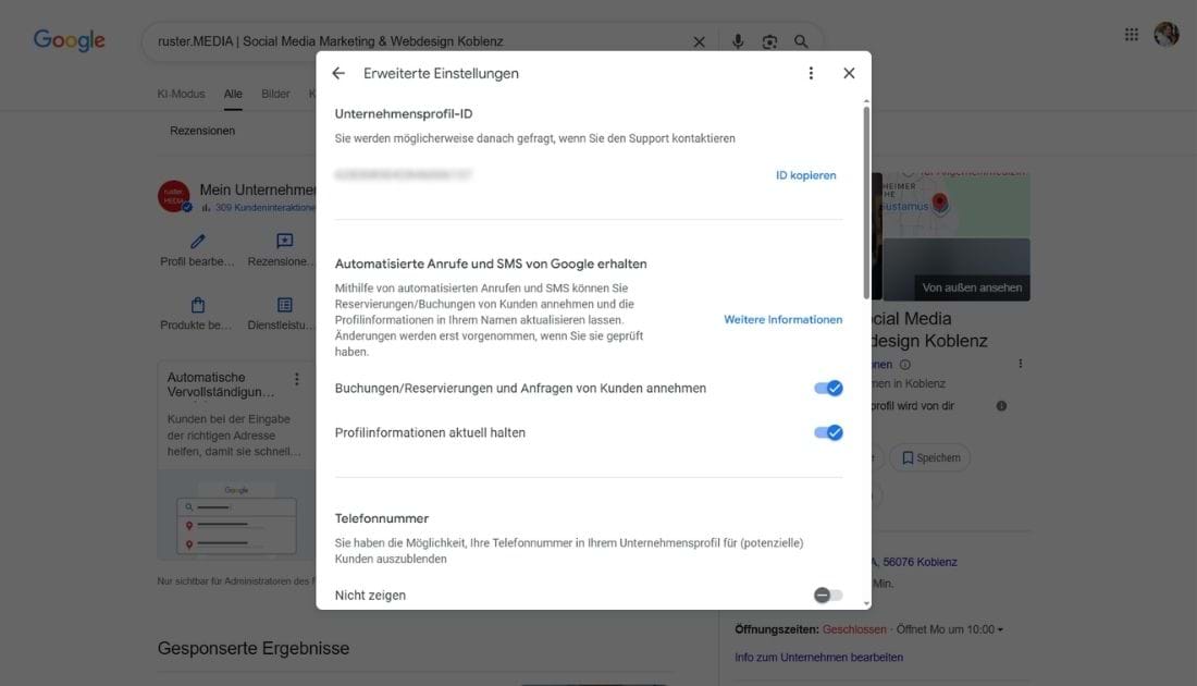 Screenshot Google Unternehmensprofil bearbeiten