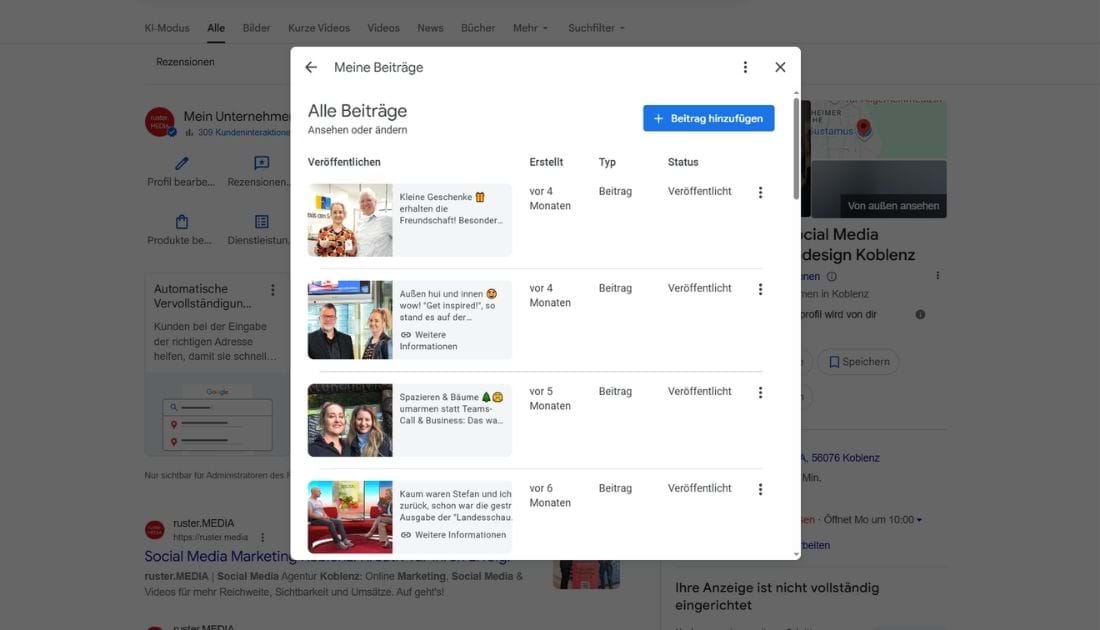 Screenshot Google Beiträge erstellen
