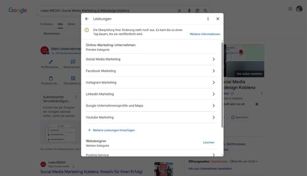 Screenshot Google Unternehmensprofil: Dienstleistungen präsentieren