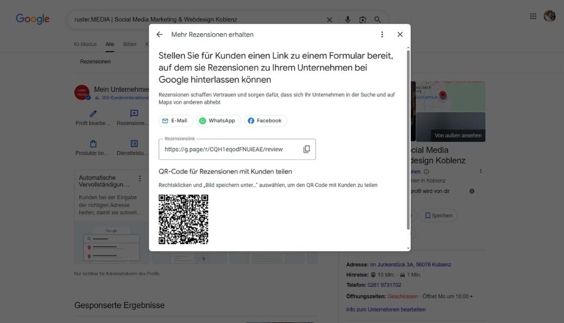Screnshot Google Rezensionen anfordern