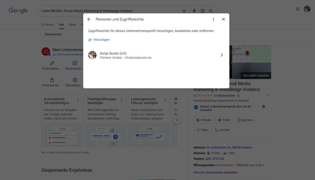 Screenshot Google-Unternehmensprofil: Personen und Zugriffsrechte