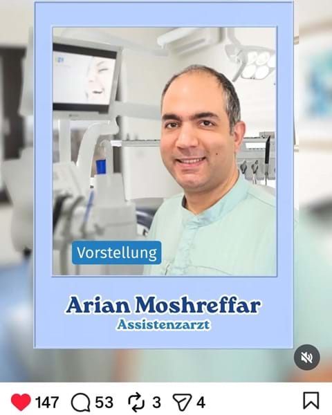 Screenshot "Posting @dr.riehl.zahnarztbendorf: Vorstellung von Arian Moshreffar"