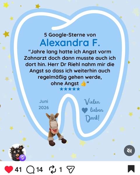 Screenshot "Posting @dr.riehl.zahnarztbendorf: Rezension von Alexandra F."