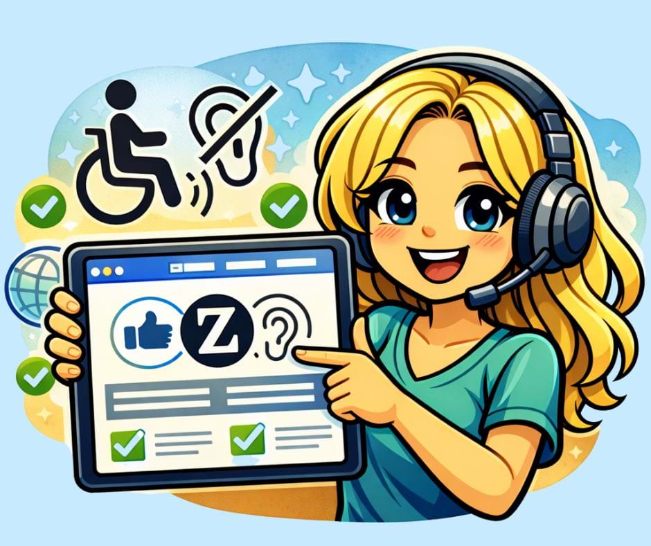 Comic-Grafik: Sonja mit Daumen hoch vor Tablet mit barrierearmer Website