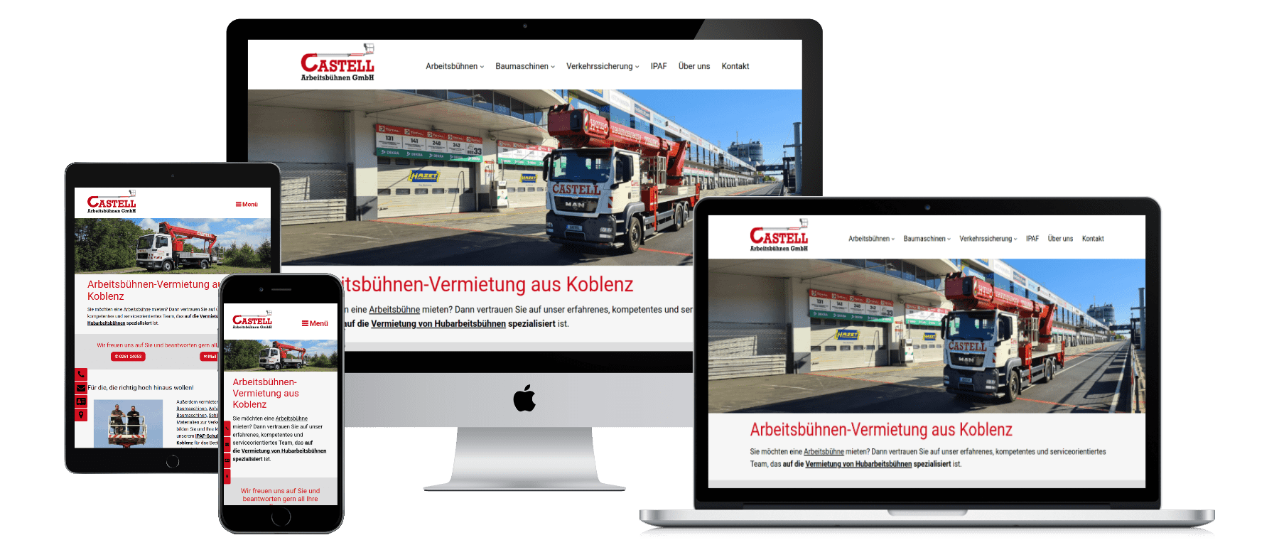 Sie sieht die Website www.castell-arbeitsbuehnen.de auf PC, Laptop, Tablet und Smartphone aus