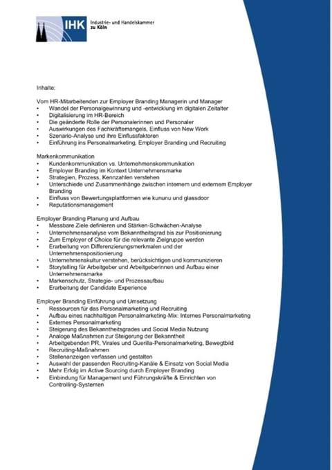 Zertifikat "Employer Branding Manager/in (IHK)": Inhalte