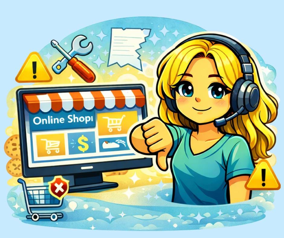 Comic-Grafik: Sonja mit Daumen runter vor Bildschirm mit ECommerce