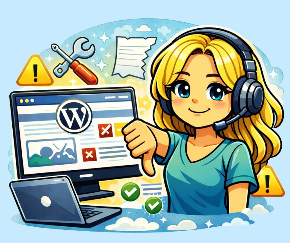 Comic-Grafik: Sonja mit Daumen runter vor Bildschirm mit WordPress-Logo