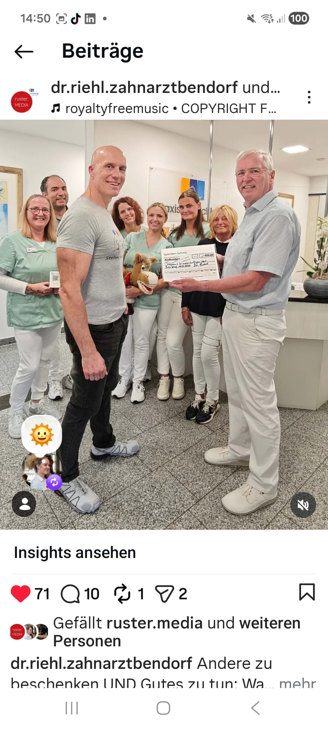 Screenshot Instagram-Marketing: Dr. Guido Riehl und Team spenden für Stefan Rheins Kinderhilfsprojekt