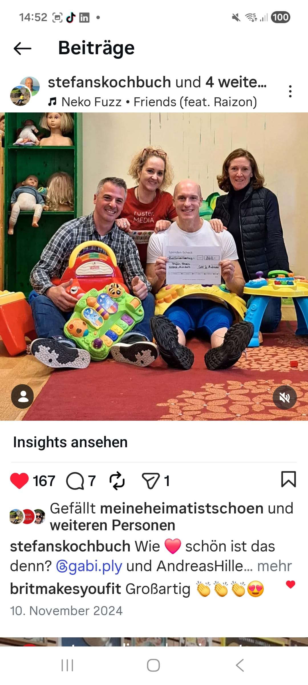 Screenshot Instagram-Marketing: Gabi Pauly und Andreas Hillesheim spenden für Stefan Rheins Kinderhilfsprojekt