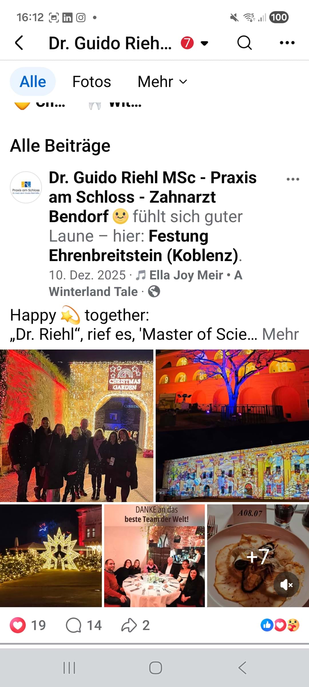 Screenshot Facebook-Marketing: Weihnachtsfeier des Praxis am Schloss-Teams im Dezember 2025