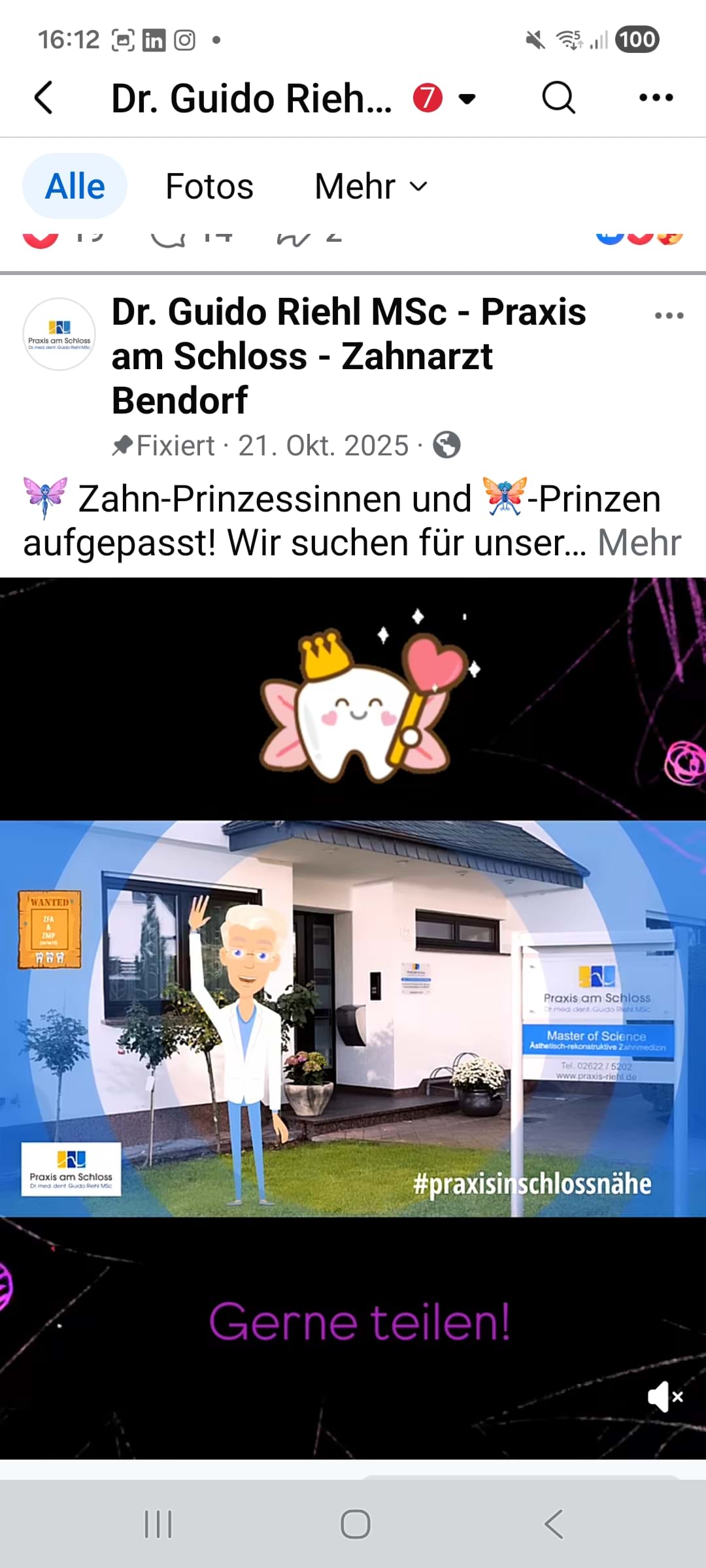 Screenshot ​Facebook-Marketing: Stellenangebot für Dr. Guido Riehl, Praxis am Schloss in Bendorf