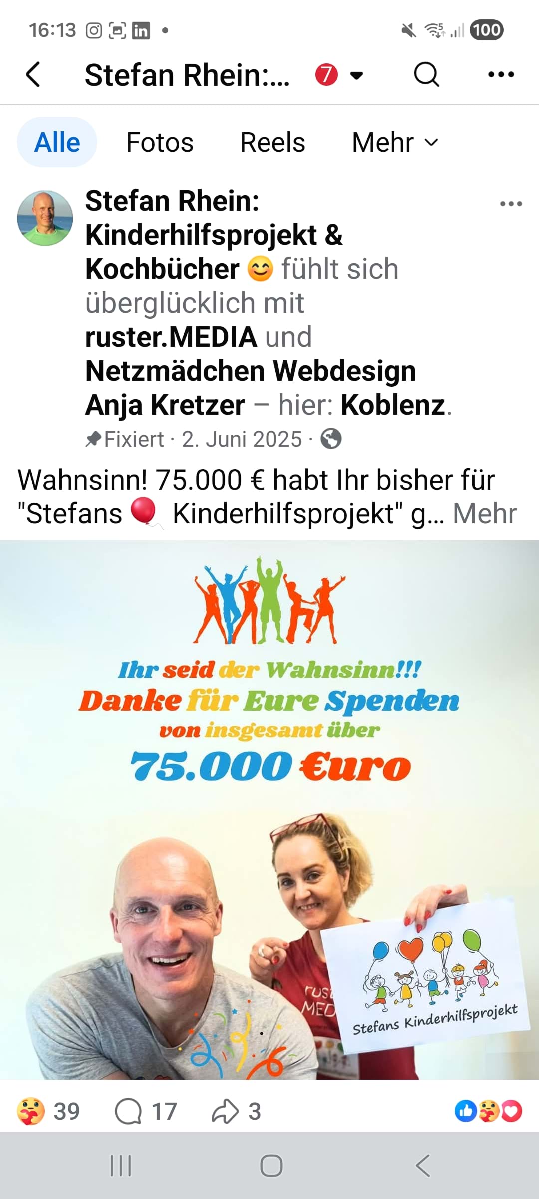 Screenshot Facebook-Marketing: Schon über 75.000 Euro für Stefans Kinderhilfsprojekt wurden gesammelt