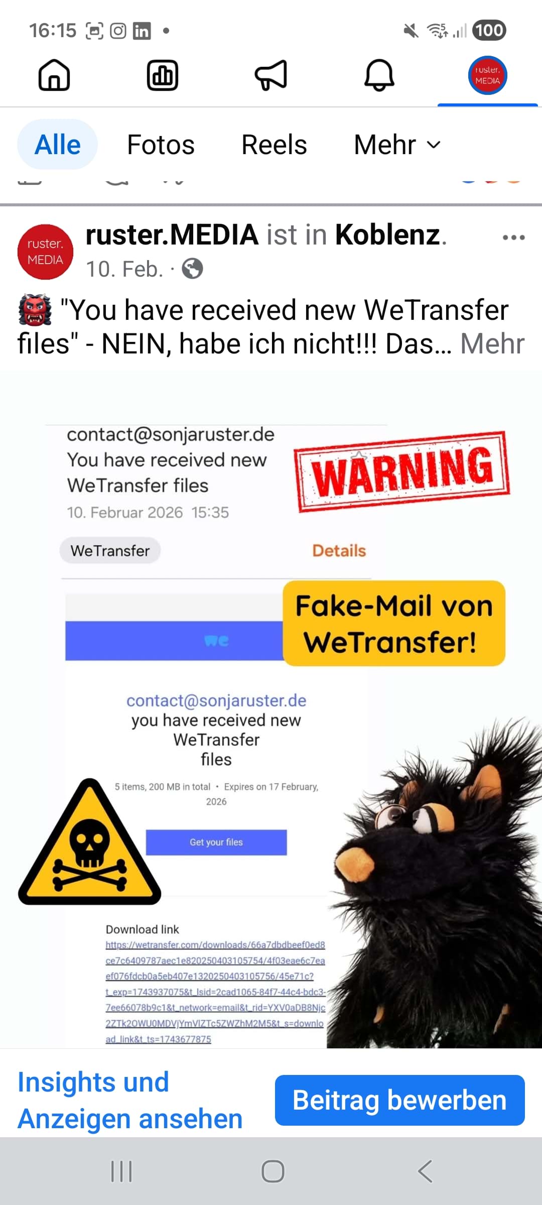 Screenshot Facebook-Marketing: Phishing-Mail-Warnung mit Lupino Black