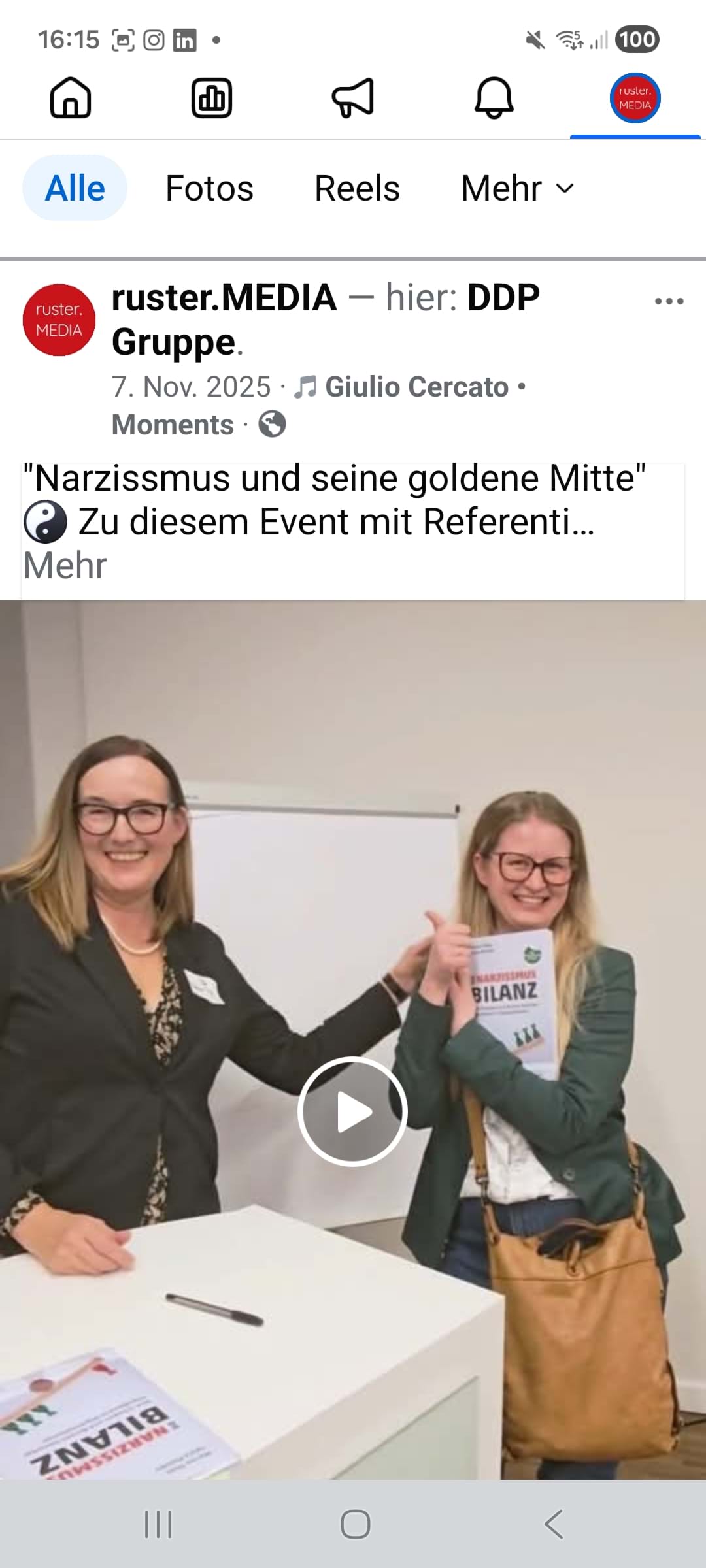 Screenshot Facebook-Marketing: Buchautorin Marion Thiel ("Narzissmus und seine goldene Mitte") zu Gast im Marketing-Club Koblenz