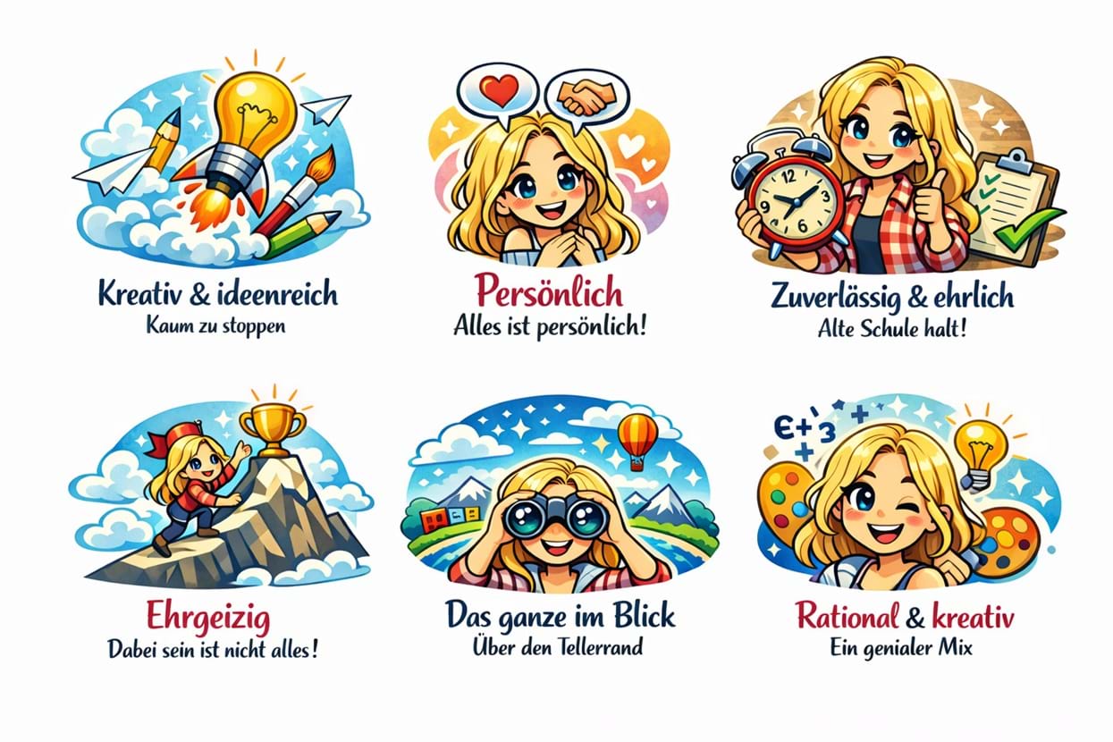 Comic-Grafik, die verschiedene Eigenschaften von Sonja Ruster zeigt