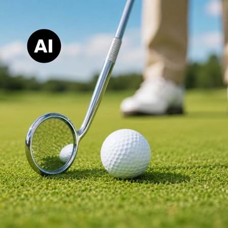 Foto "Golfball mit Handspiegel statt Golfschläger" (KI-generiert)"