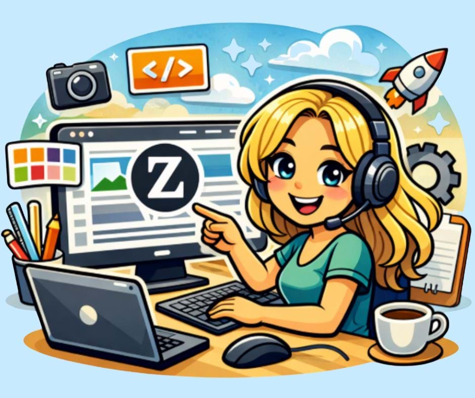 Comic-Grafik: Sonja zeigt auf einen Bildschirm, wo sie mit ZetaProducer arbeitet